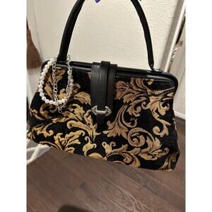 Raviani Garland TX Black & Gold Tapestry Satchel Bag with Charm